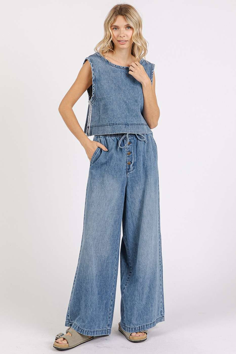 WASHED DENIM ELASTIC BUTTON FLY WIDE LEG PANTS