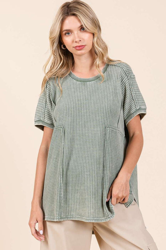 MINERAL WASH WAFFLE KNIT SEAM DETAIL TUNIC TOP