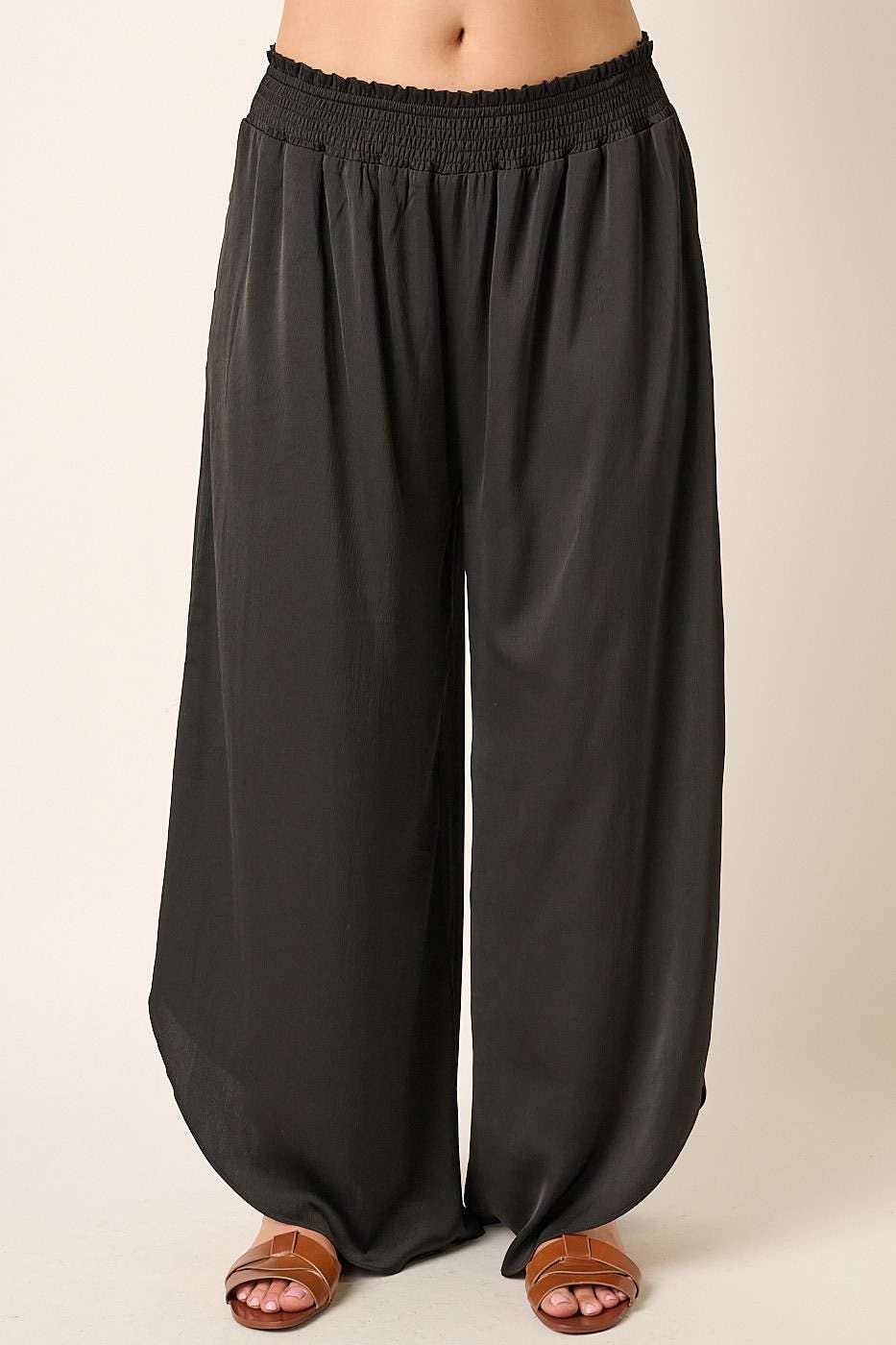 PLUS TEXTURE SATIN SMOCKED WAIST WIDE LEG PANTS