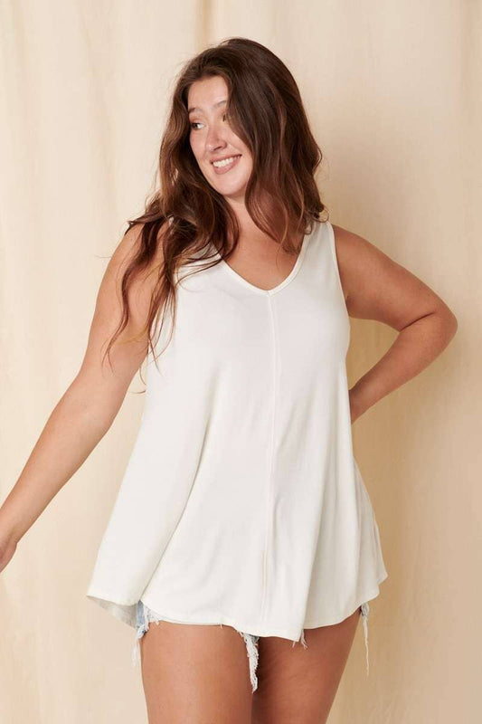 BAMBOO FABRIC V-NECK DOLPHIN HEM SLEEVELESS TOP