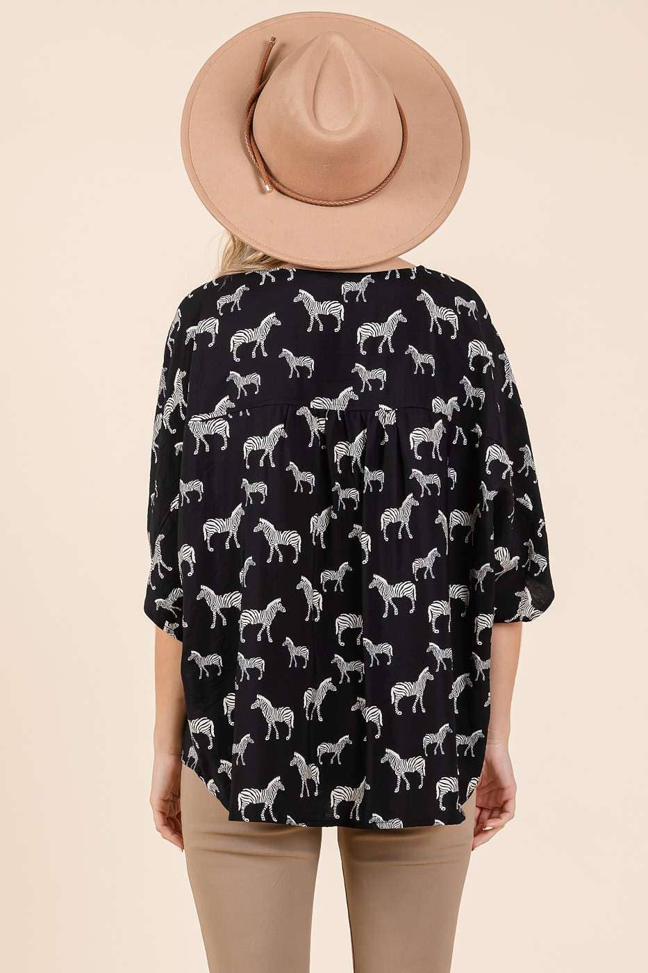 ZEBRA PRINT V-NECK BUTTON DOWN DOLMAN SLEEVE TOP