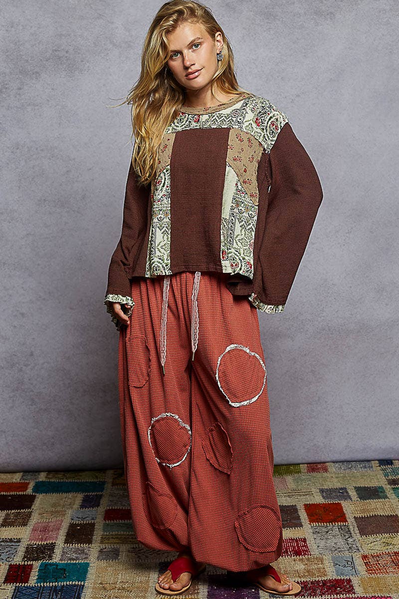 Long sleeve double gauze printed woven contrast top