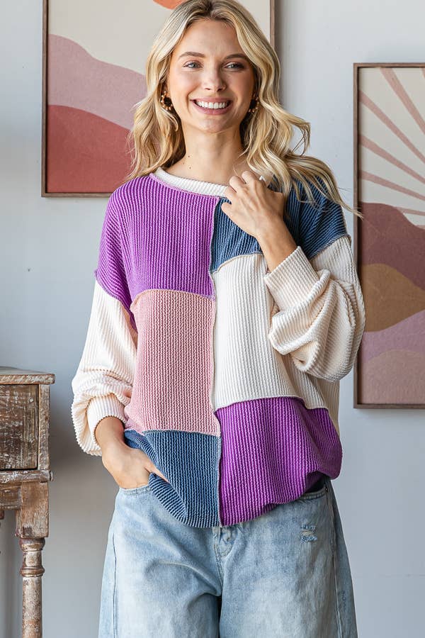 Patchwork Detail Rib Knit Top for Women