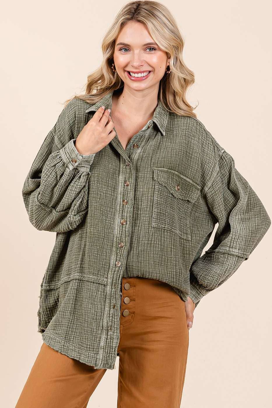 MINERAL WASH CRINKLE GAUZE BUTTON DOWN SHIRT