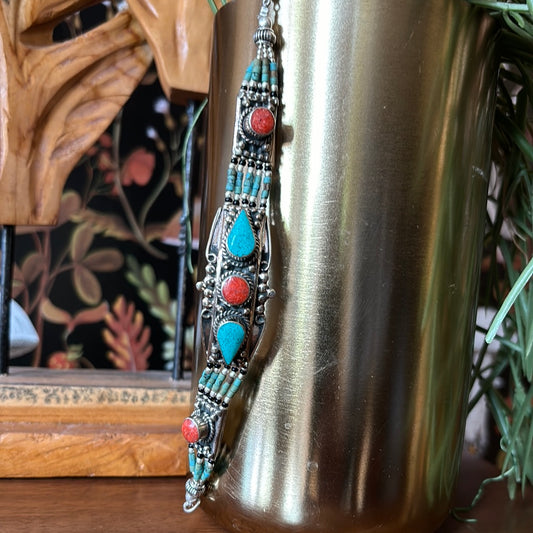 Tibetan Silver Bracelet with Coral and Turquoise Inlay