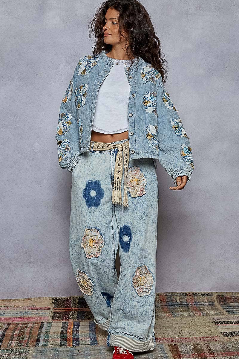 Mock neck balloon sleeve oversized fit quilted denim Jacket