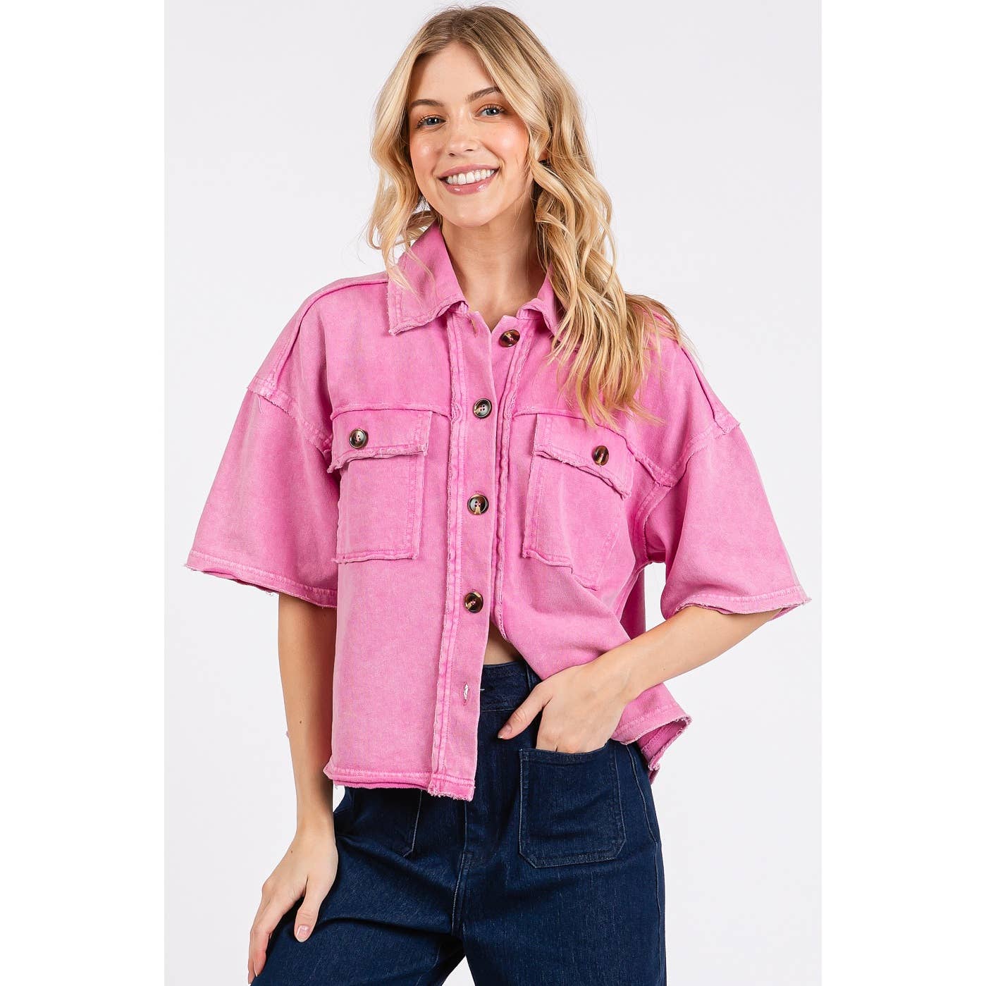 PINK MINERAL WASH BOXY SHORT SLEEVE BUTTON DOWN SHIRT