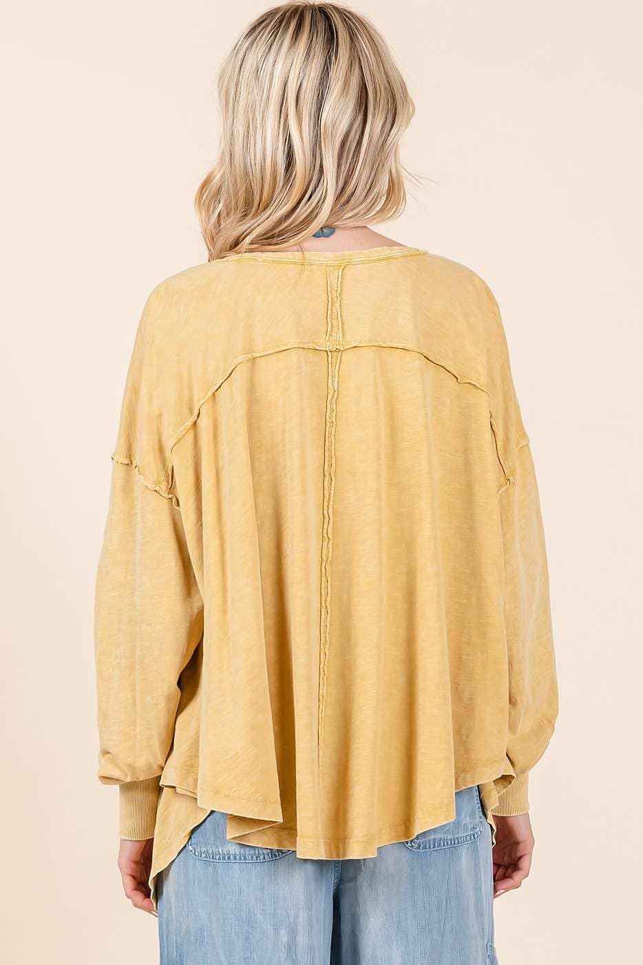 MINERAL WASH V-NECK LONG SLEEVE OVERSIZED TOP