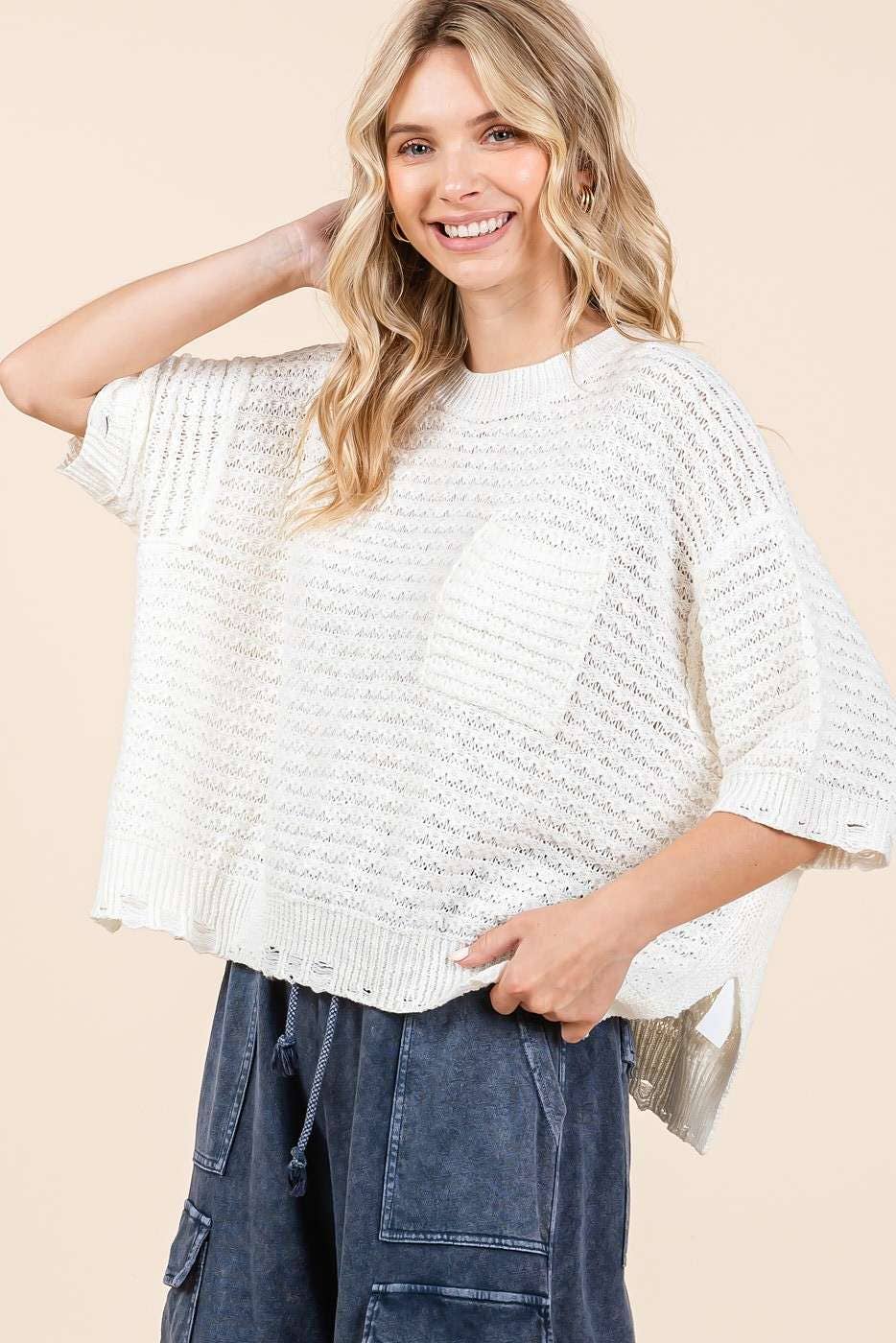 DISTRESSED HEM SHORT SLEEVE LOOSE SWEATER KNIT TOP