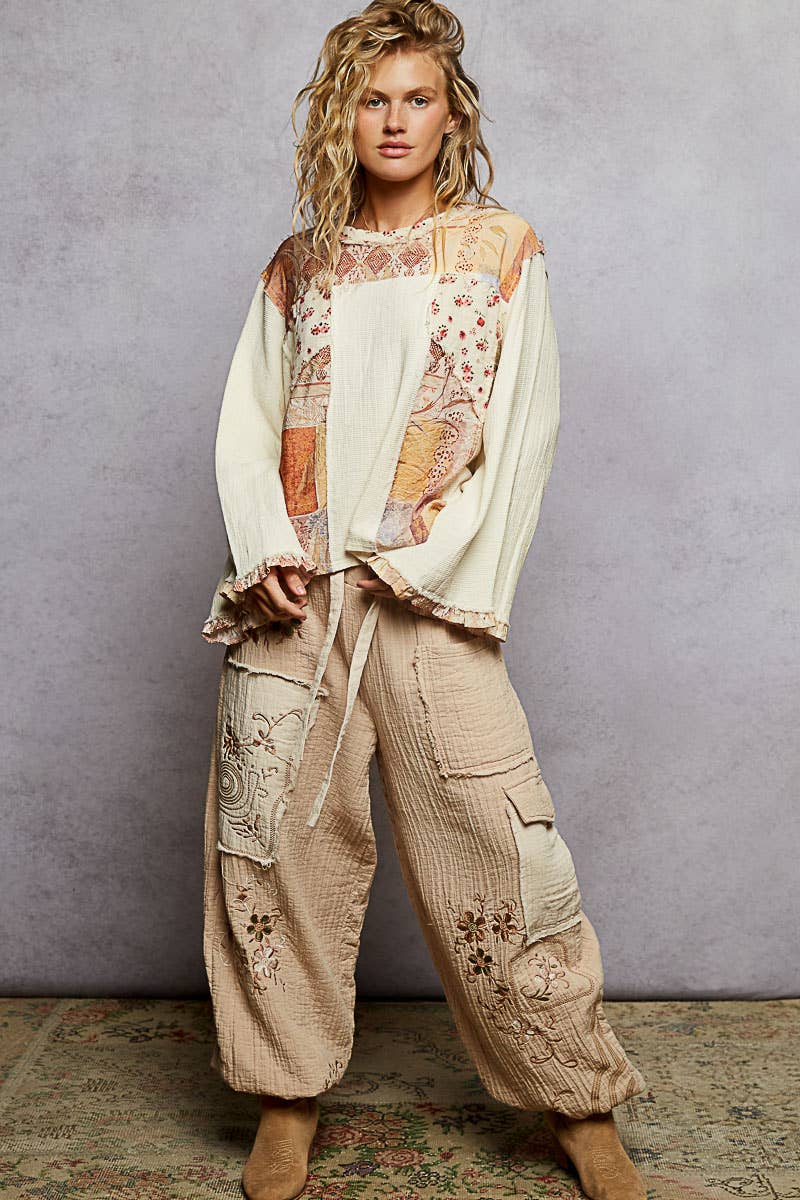 Long sleeve double gauze printed woven contrast top