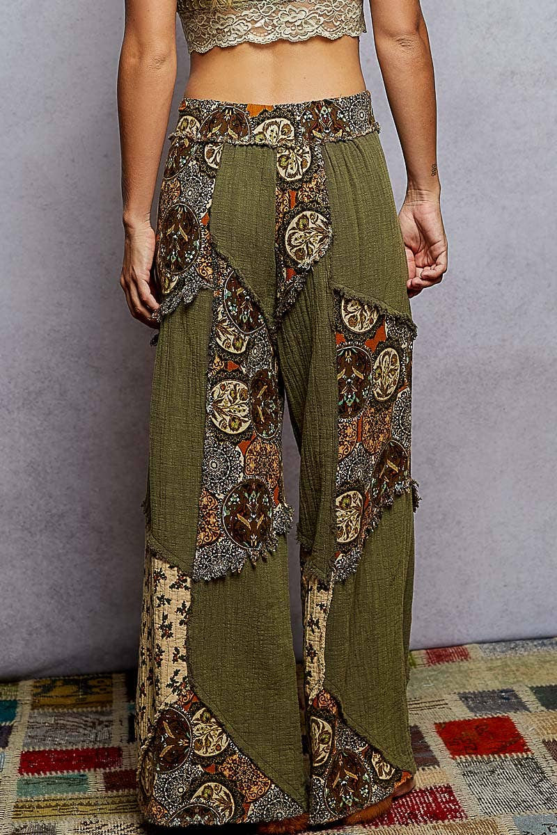 Double gauze varied printed patchwork woven pants