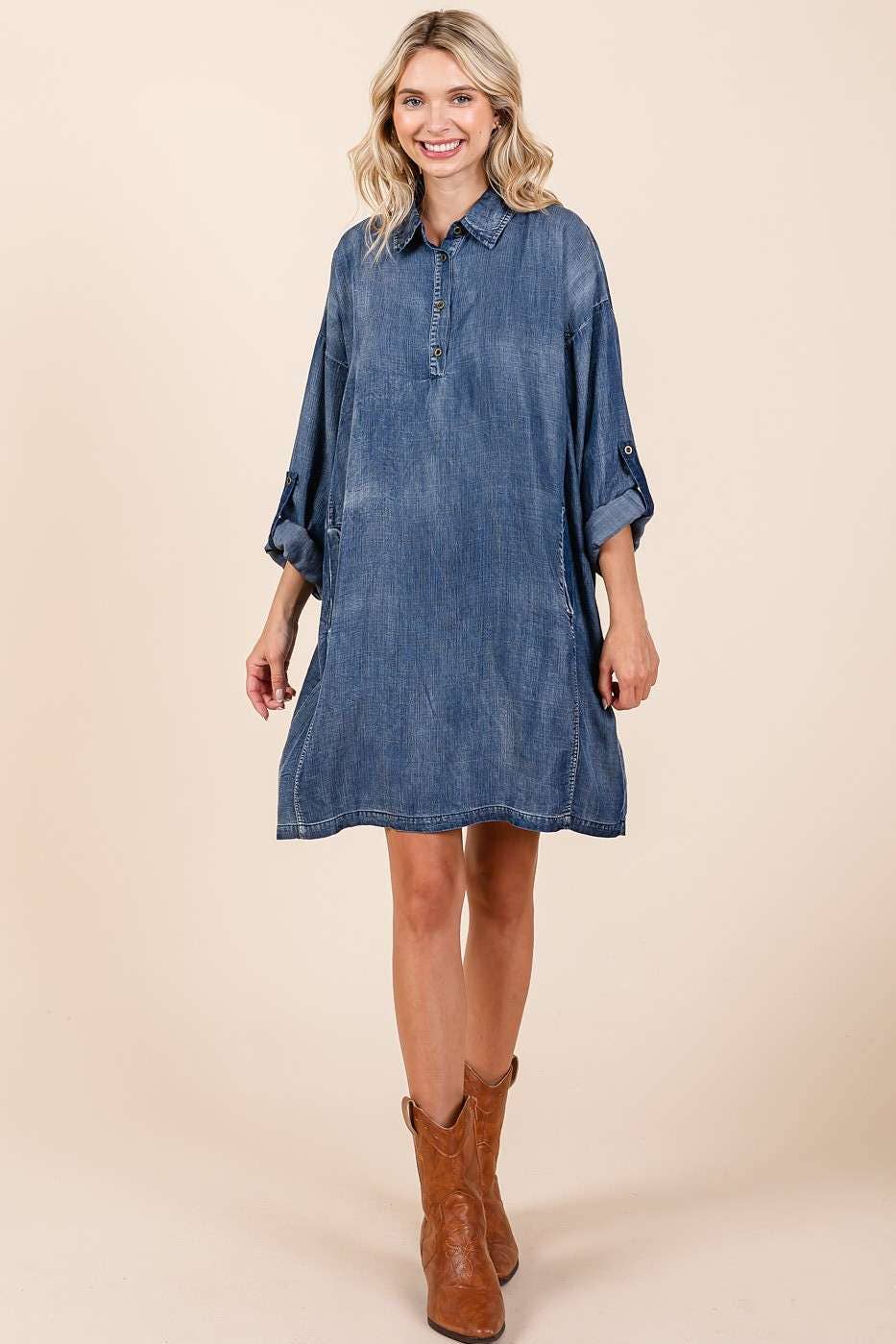 WASHED CHAMBRAY BUTTON TAB SLEEVE MINI SHIRT DRESS
