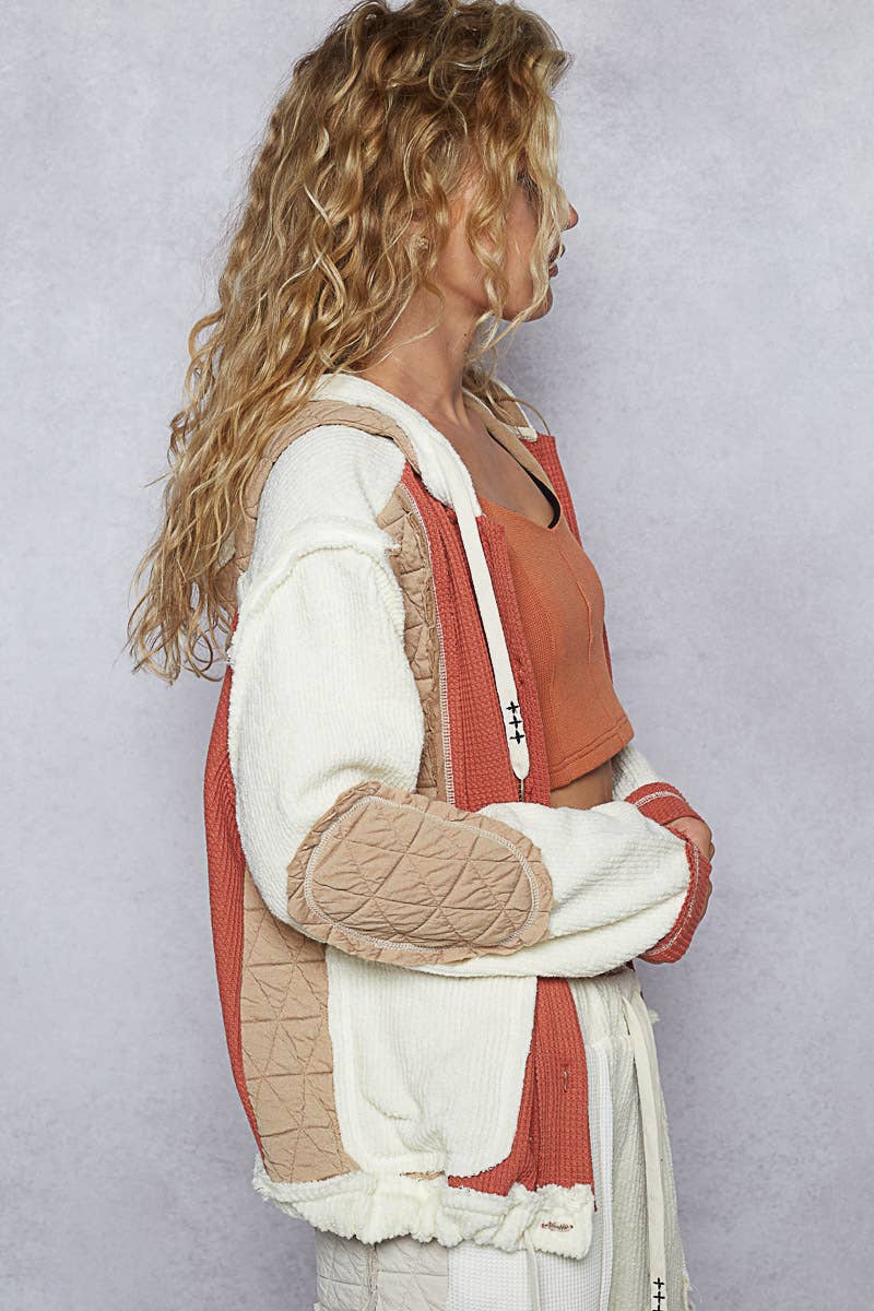 Cut sew multi fabric hooded shacket