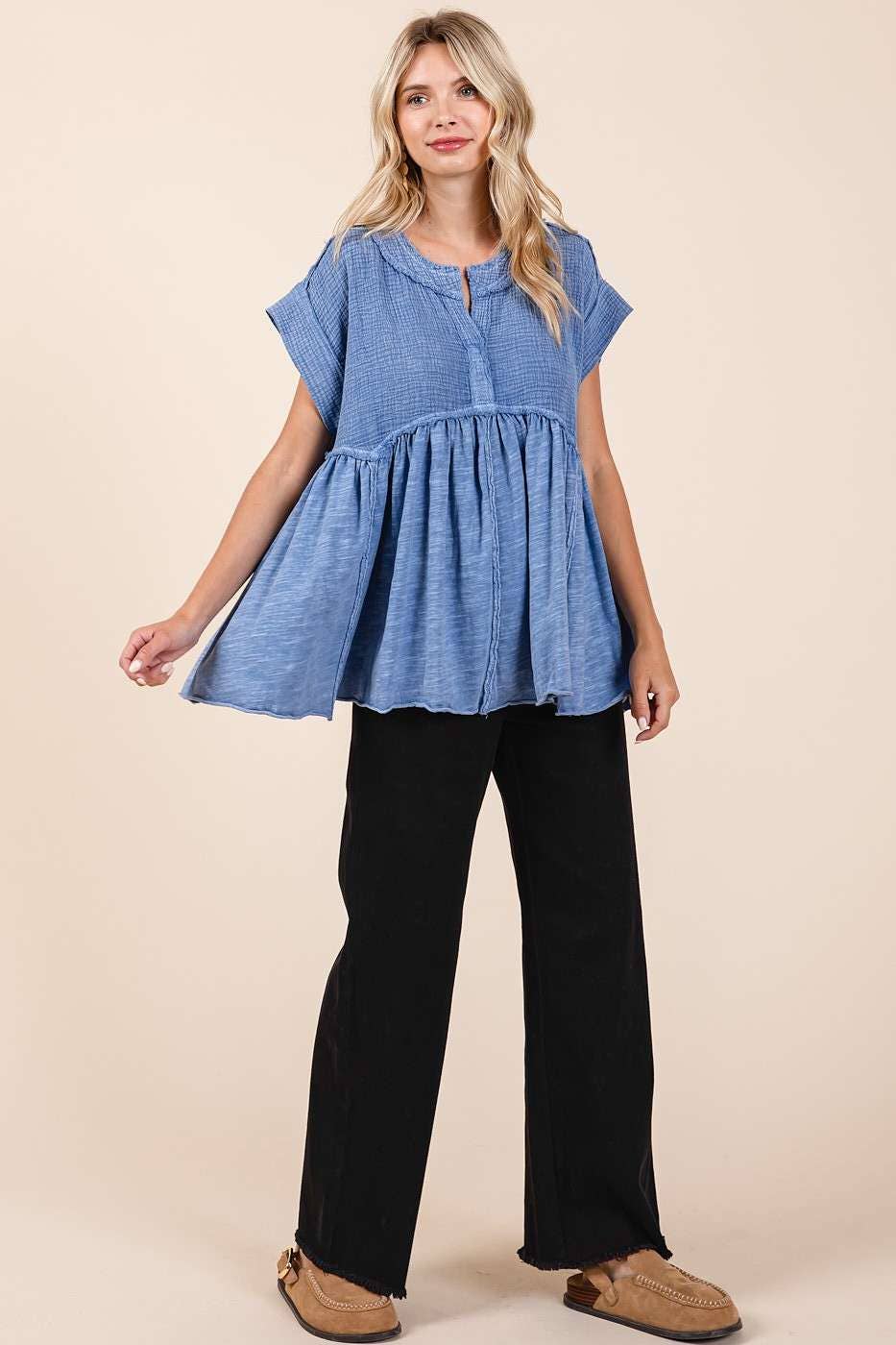 MIXED MEDIA MINERAL WASH BABYDOLL SHORT SLEEVE TOP