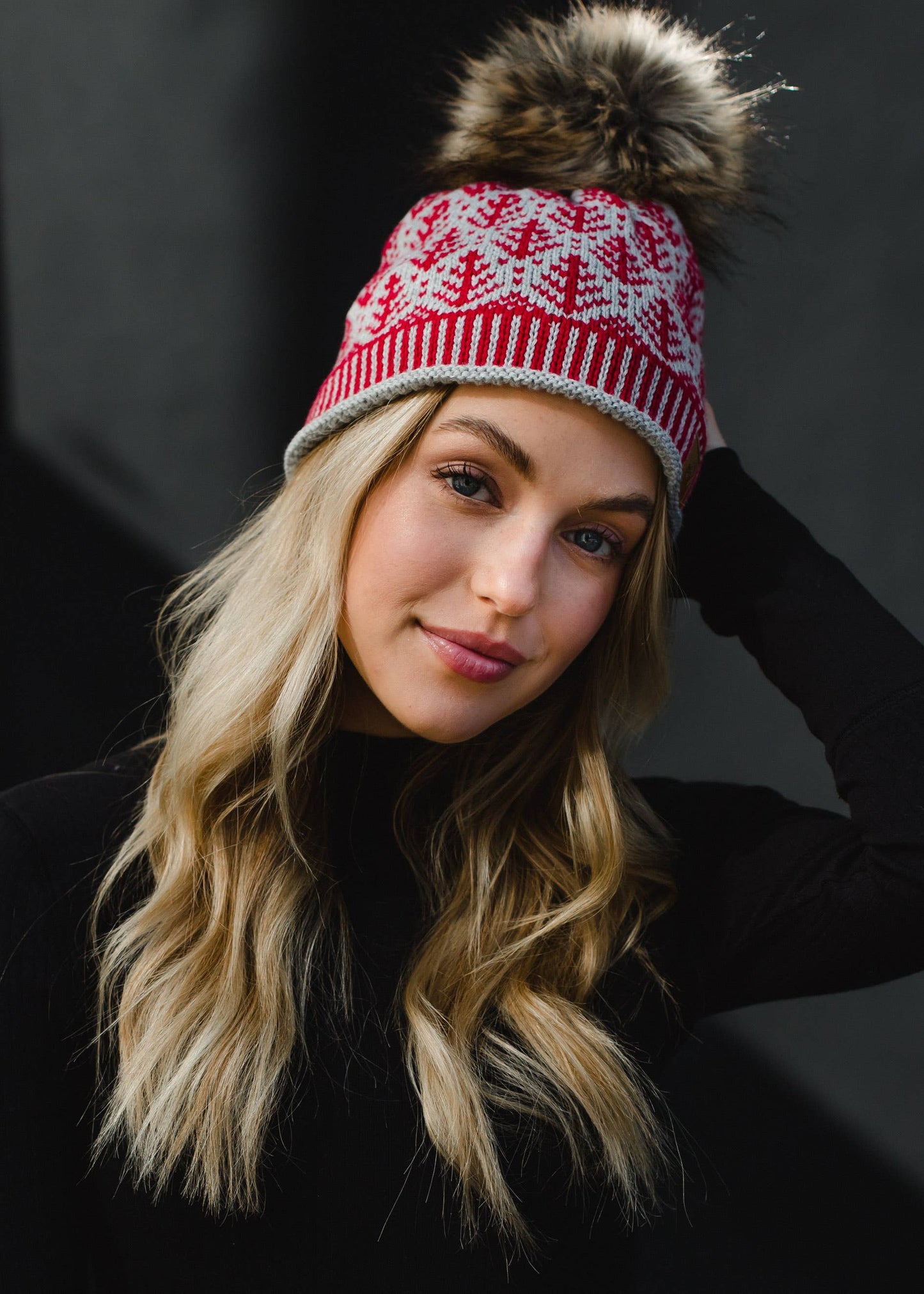 Gray w/ Red Tree Pattern Pom Hat