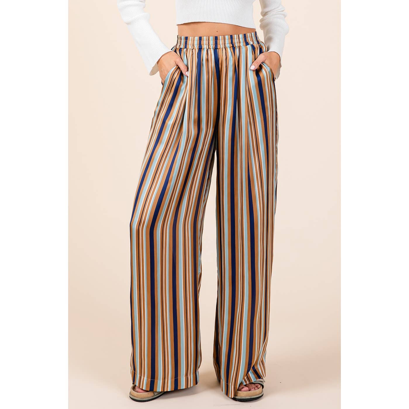 MULTICOLOR STRIPED PRINT SATIN ELASTIC WAIST PANTS