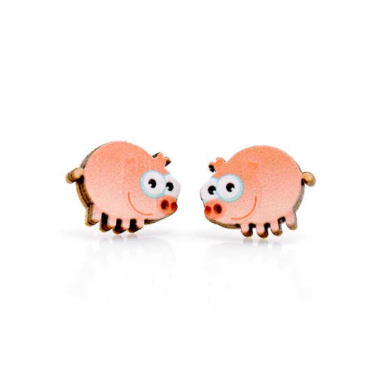 Pig Stud Wood Earrings