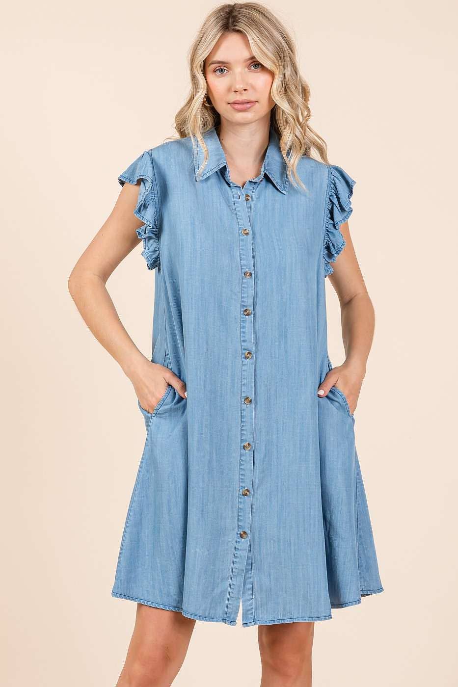 WASHED CHAMBRAY RUFFLE SLEEVE BUTTONED MINI DRESS