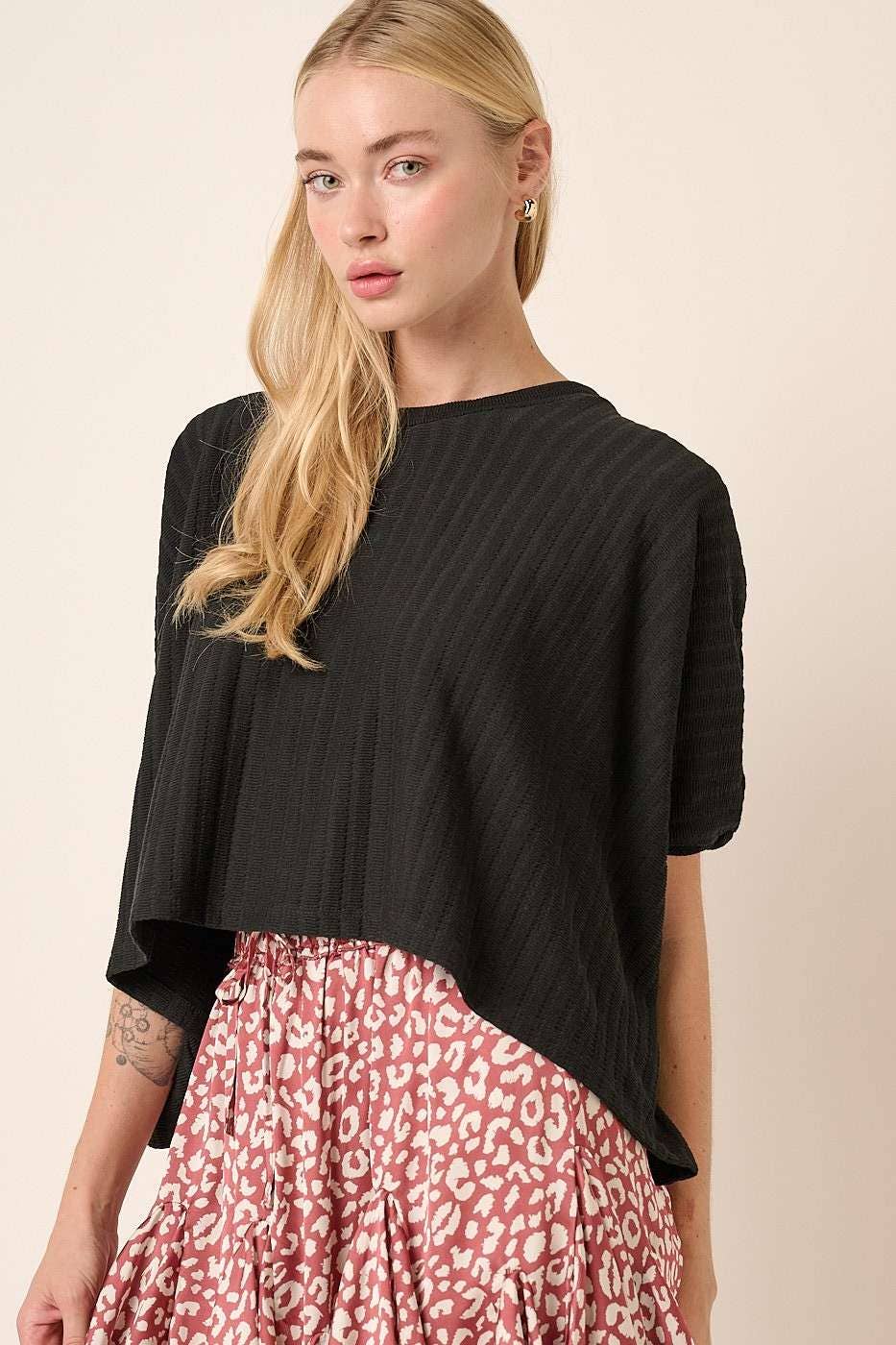 TEXTURE KNIT ROUND NECK DOLMAN SLEEVE TOP