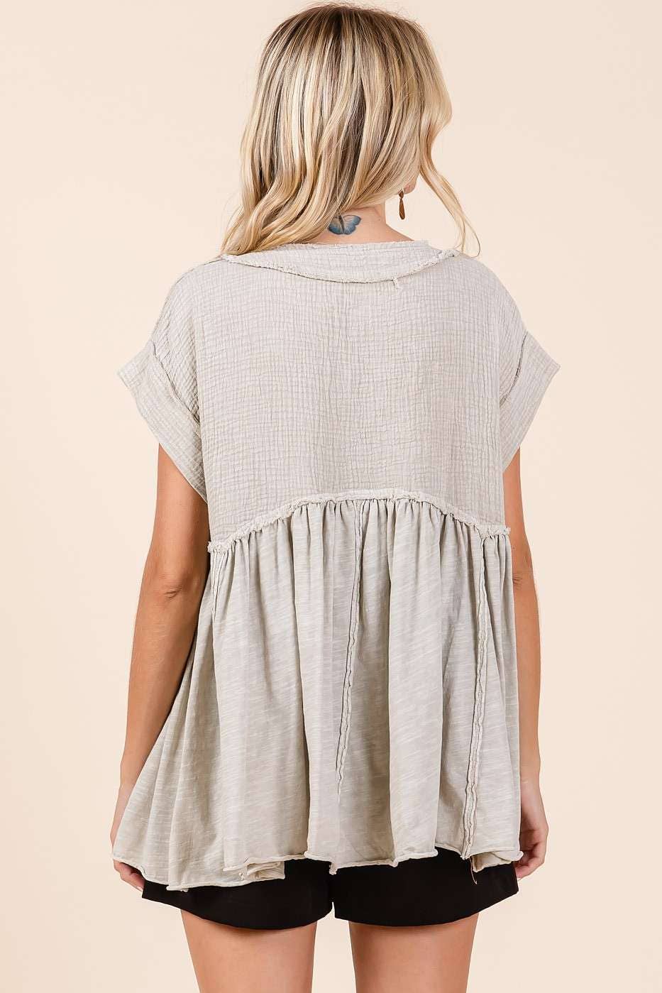 MIXED MEDIA MINERAL WASH BABYDOLL SHORT SLEEVE TOP