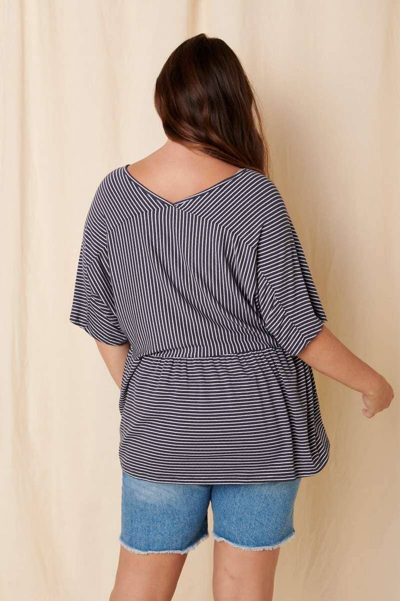 STRIPE V-NECK BABYDOLL KNIT TOP (Plus)