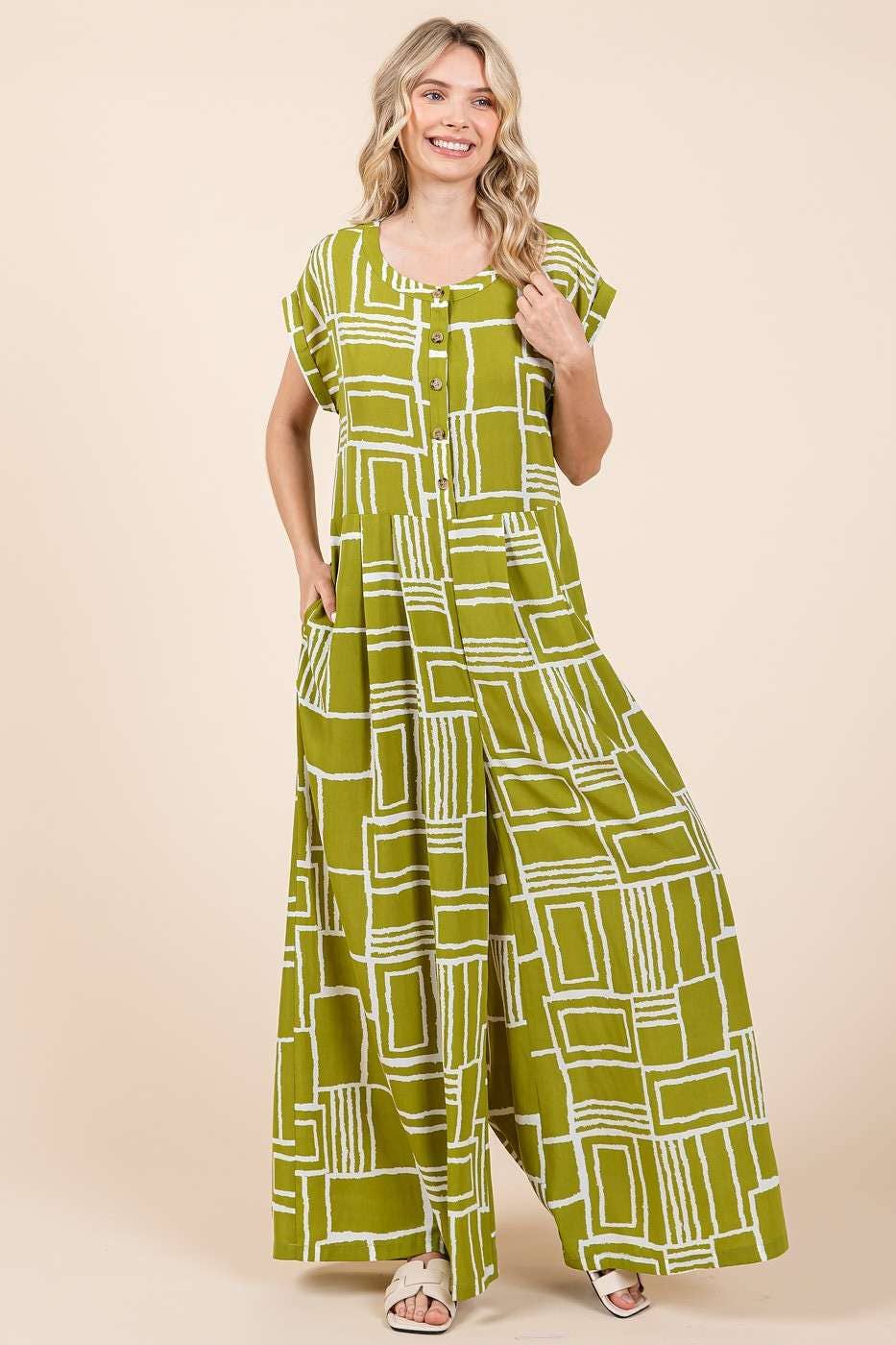 GEO PRINT PLEAT BUTTON DOWN SHORT SLEEVE JUMPSUIT