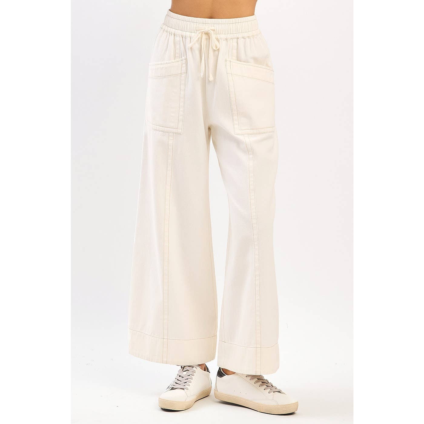 MINERAL WASH WIDE LEG ELASTIC WAIST TWILL PANTS