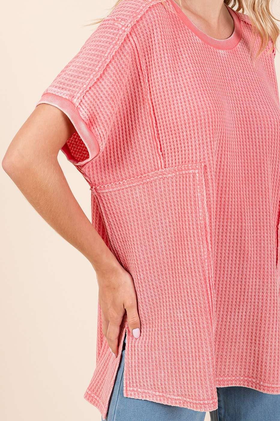 MINERAL WASH WAFFLE KNIT SEAM DETAIL TUNIC TOP: PASSION CORAL