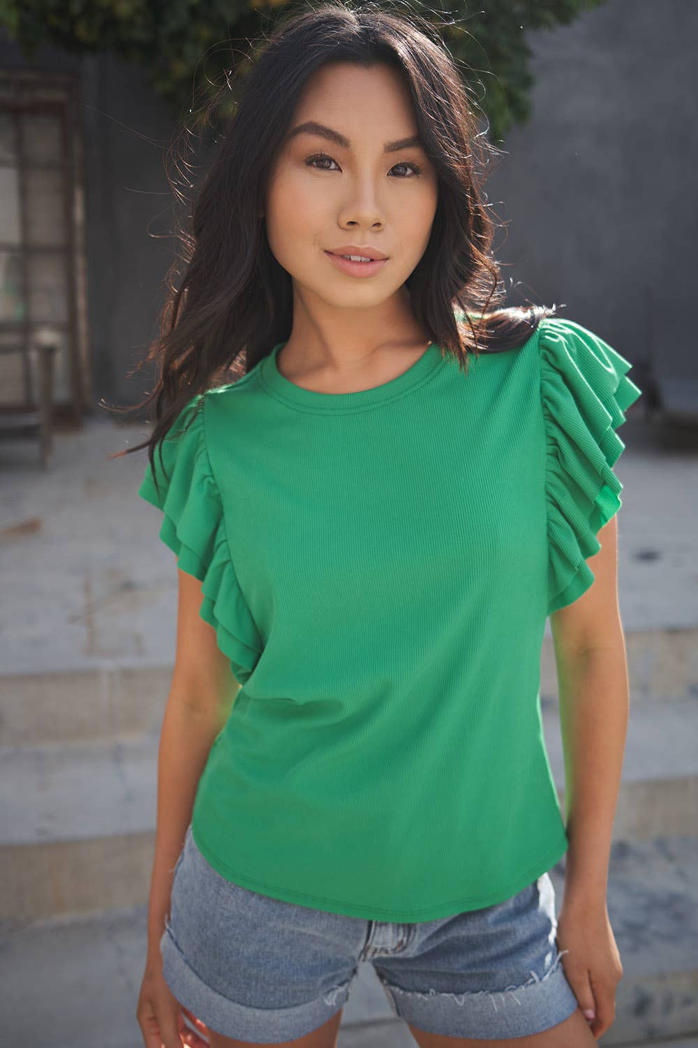 Double Ruffle Short Sleeve Knit Top