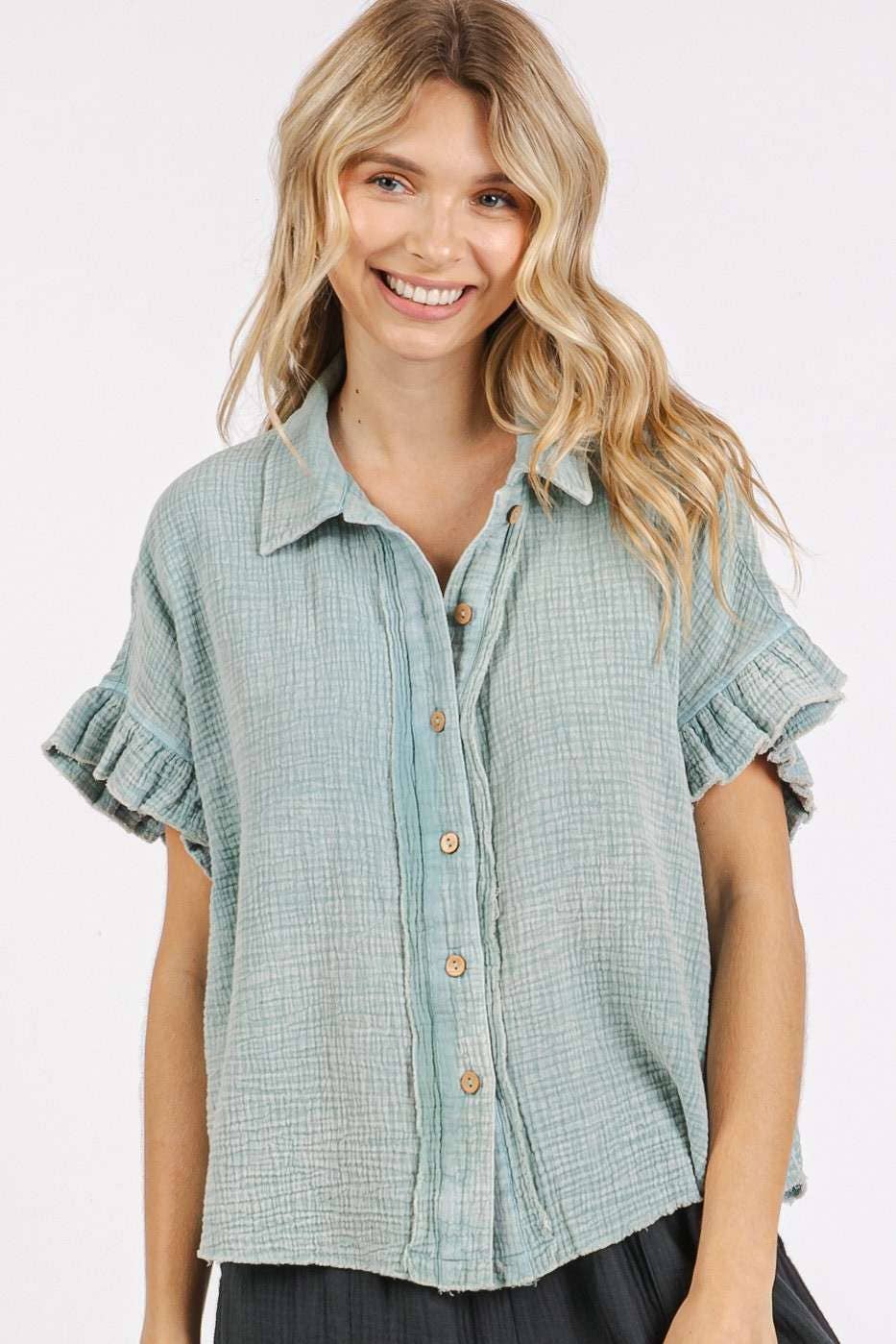 MINERAL WASH GAUZE RUFFLE SHORT SLEEVE SHIRT