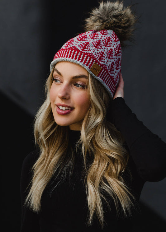 Gray w/ Red Tree Pattern Pom Hat