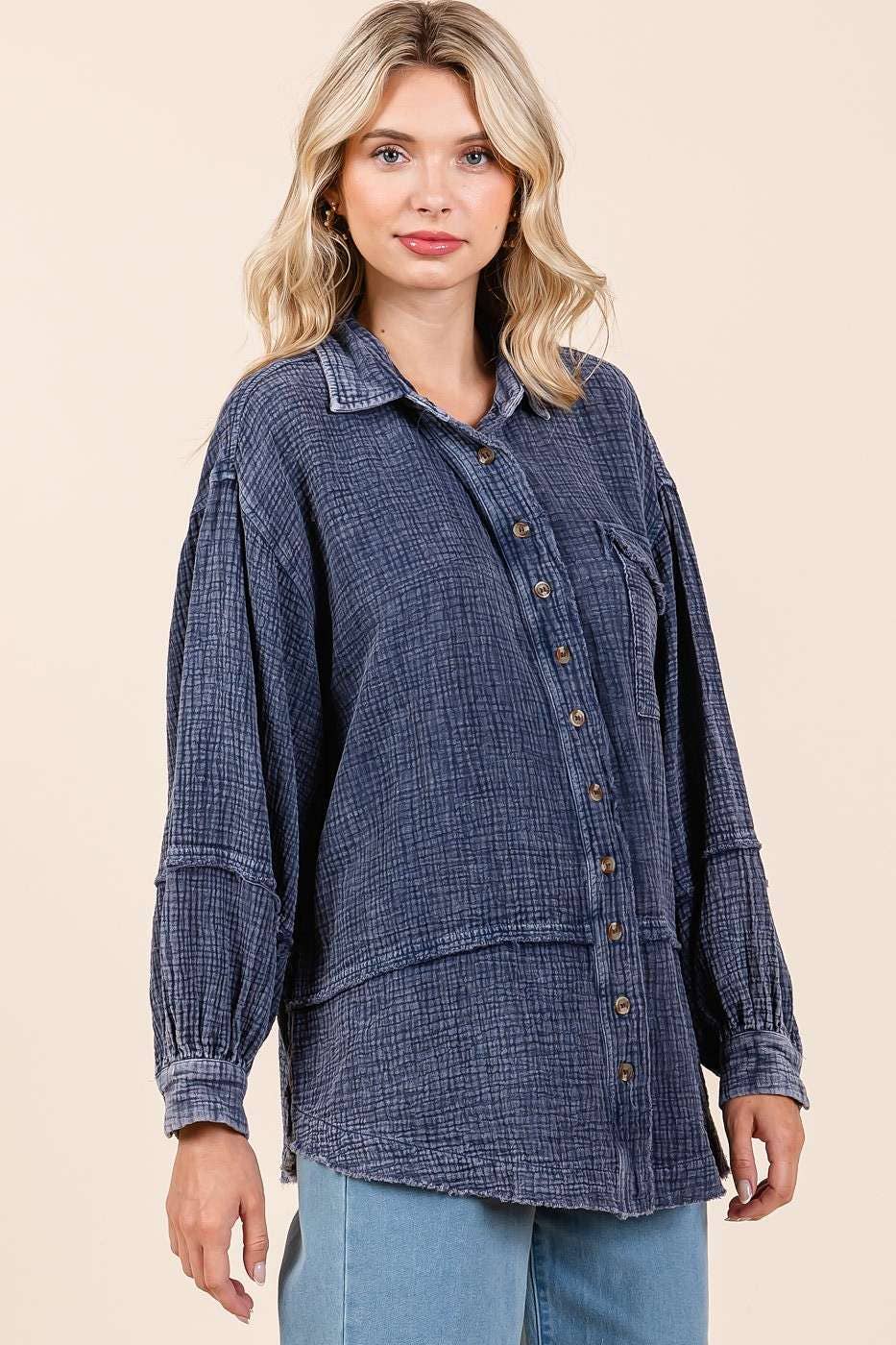 MINERAL WASH CRINKLE GAUZE BUTTON DOWN SHIRT