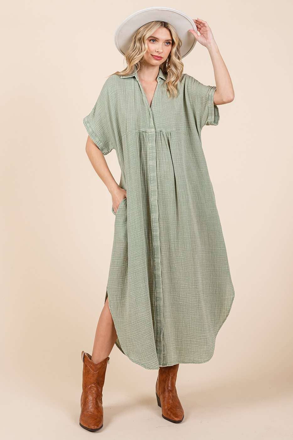 MINERAL WASH V NECK BUTTON UP RELAXED MIDI DRESS