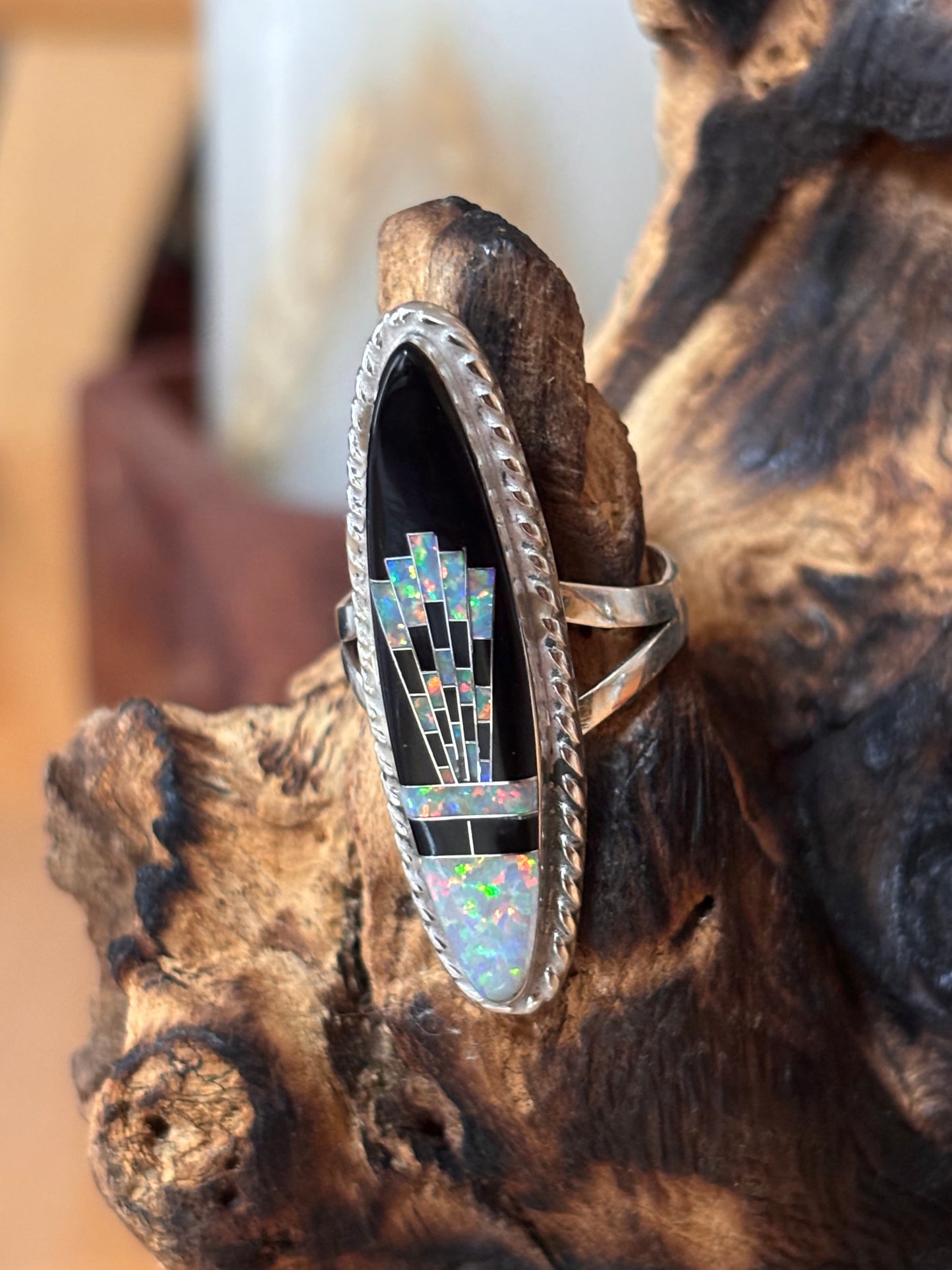Zuni Micro Inlay White Lab Opal Onyx Ring