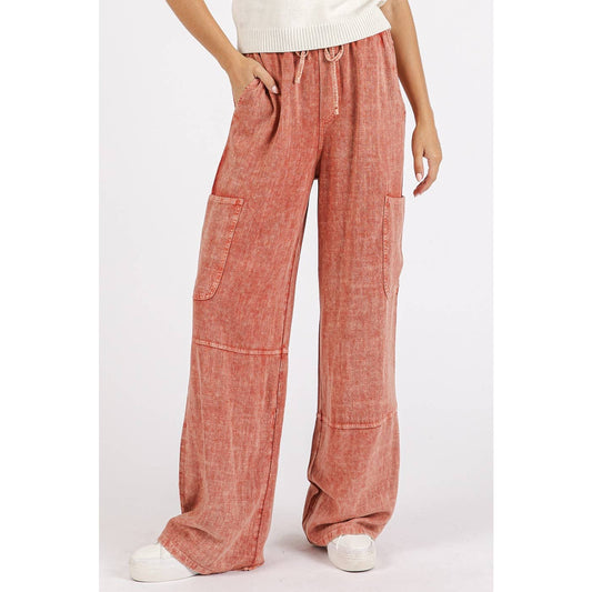 MINERAL WASH ELASTIC WAIST UTILITY POCKET PANTS