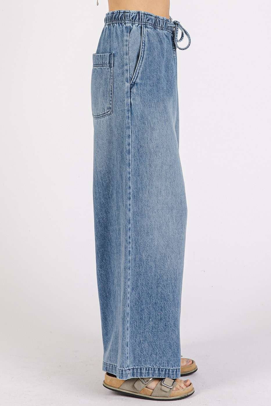 WASHED DENIM ELASTIC BUTTON FLY WIDE LEG PANTS