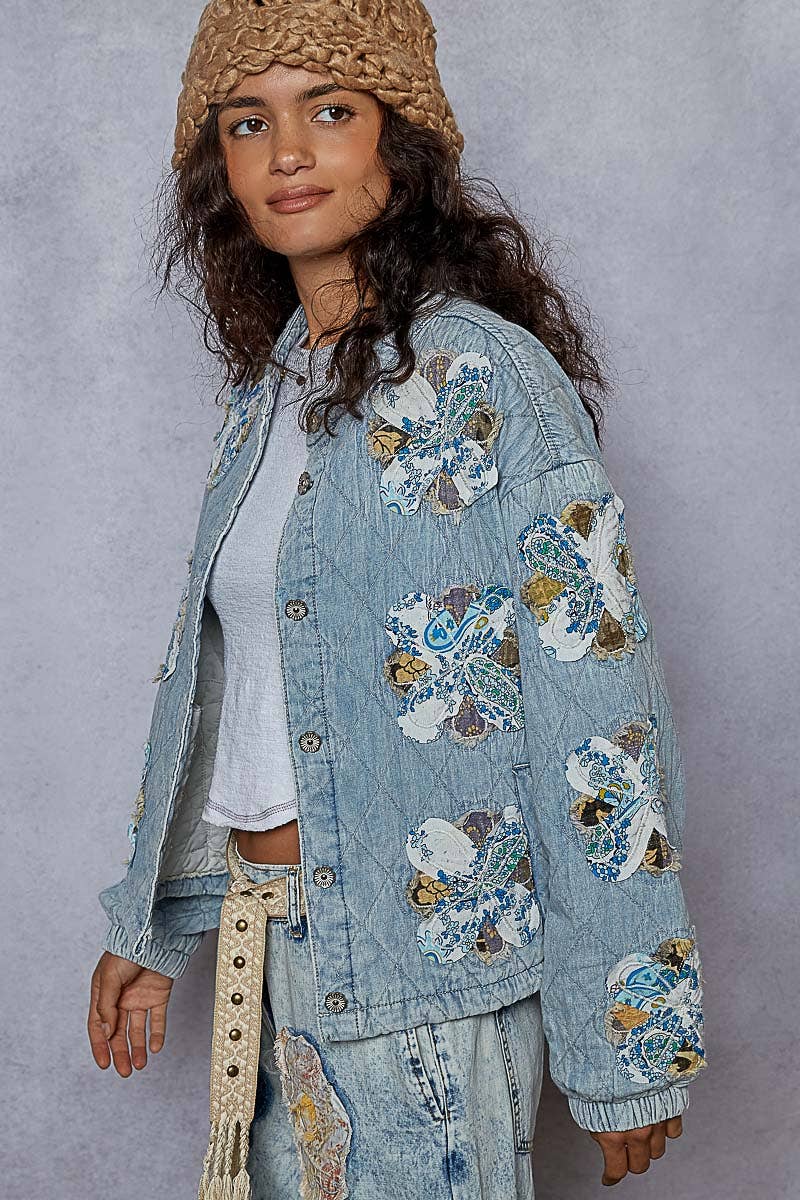 Mock neck balloon sleeve oversized fit quilted denim Jacket