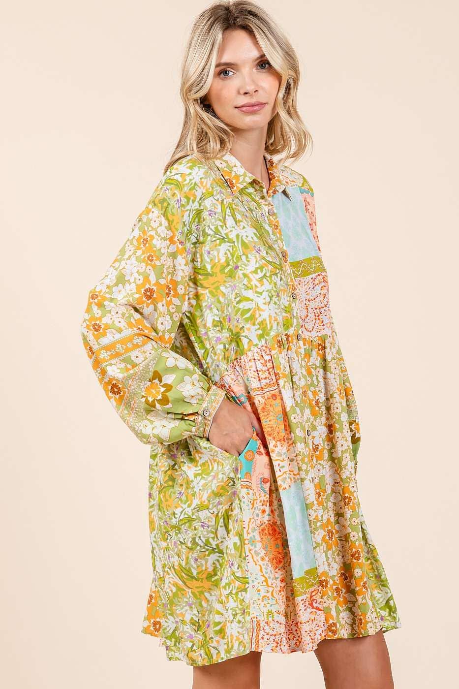 MIXED PATCHWORK PRINT BABYDOLL MINI SHIRT DRESS - Green Tea