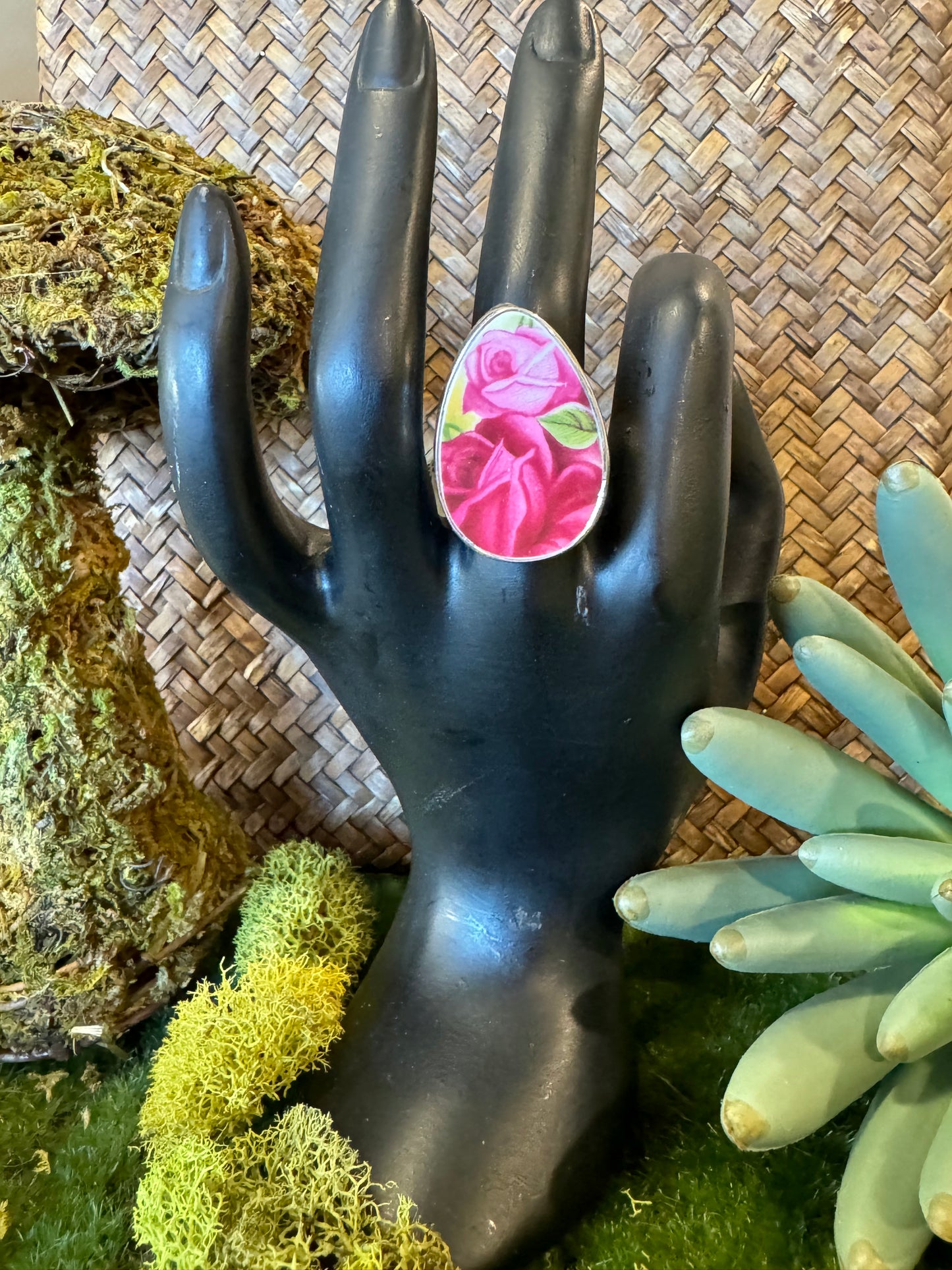 Blue Pottery Rose Pattern Ring | Adjustable