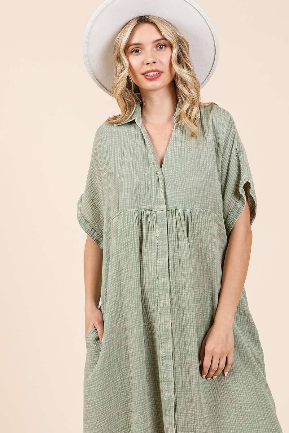 MINERAL WASH V NECK BUTTON UP RELAXED MIDI DRESS