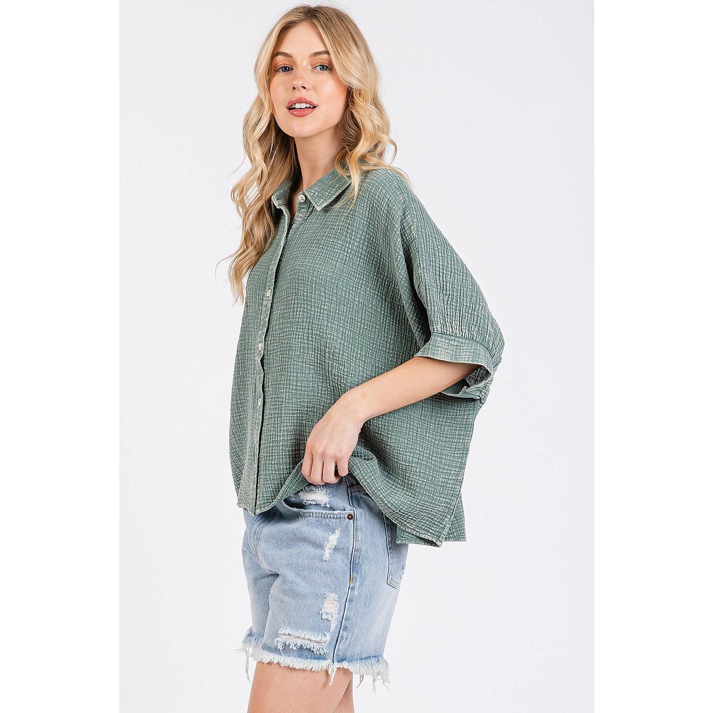 MINERAL WASH GAUZE DOLMAN SLEEVE BUTTON DOWN SHIRT