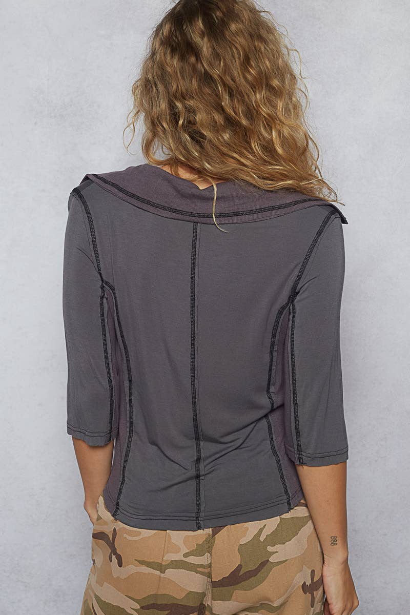 V-neck half sleeve overlock stitch solid knit top