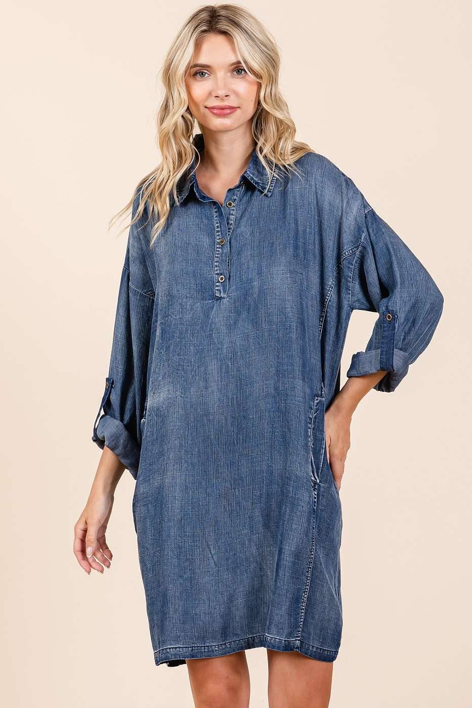WASHED CHAMBRAY BUTTON TAB SLEEVE MINI SHIRT DRESS