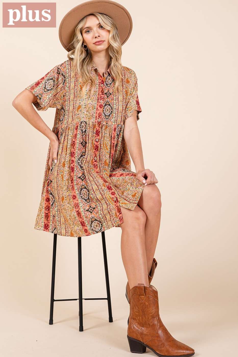 PAISLEY PATCHWORK PRINT MINI SHIRT DRESS (plus)