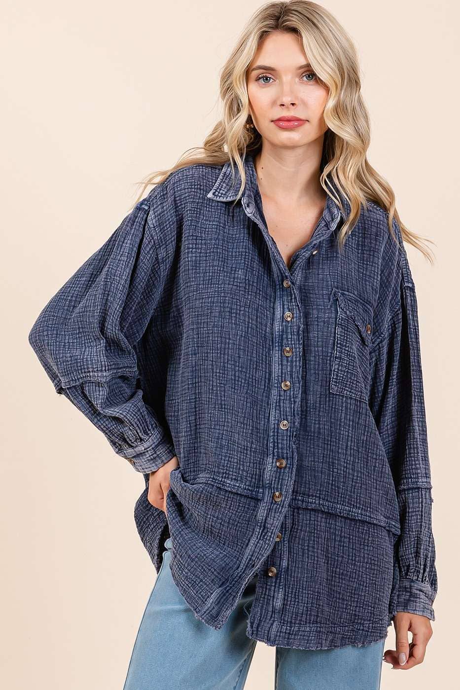 MINERAL WASH CRINKLE GAUZE BUTTON DOWN SHIRT