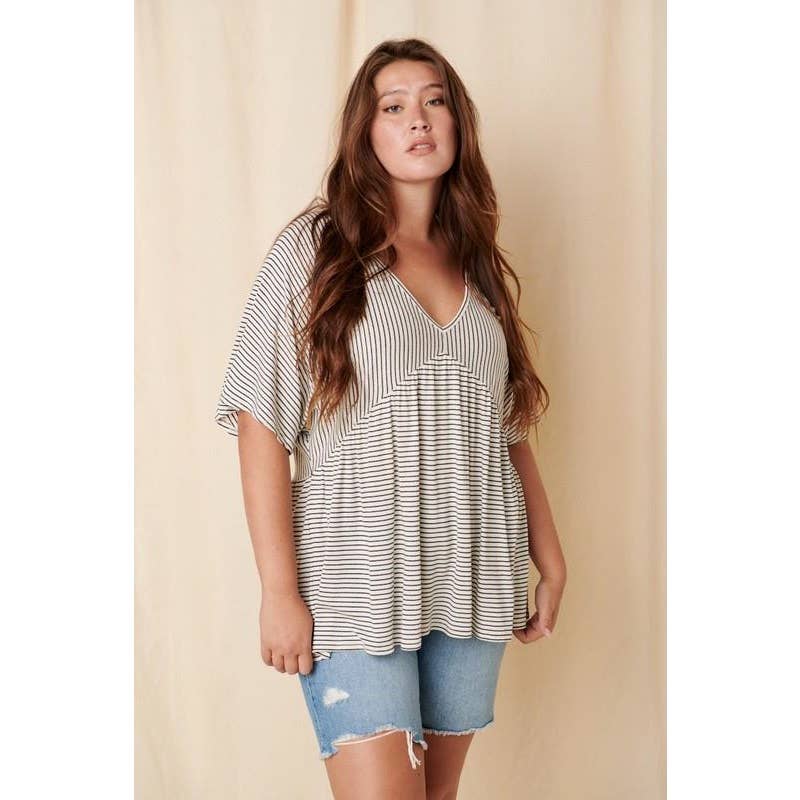 STRIPE V-NECK BABYDOLL KNIT TOP (Plus)