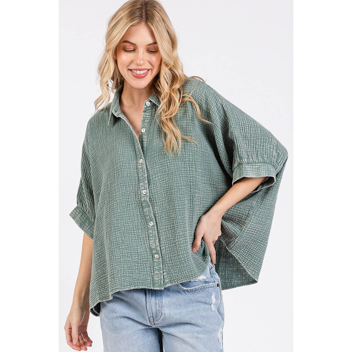MINERAL WASH GAUZE DOLMAN SLEEVE BUTTON DOWN SHIRT