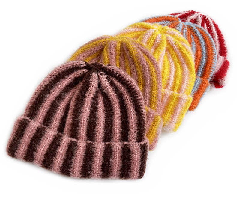 Stylish Color Contrast Striped Knit Beanie Hat