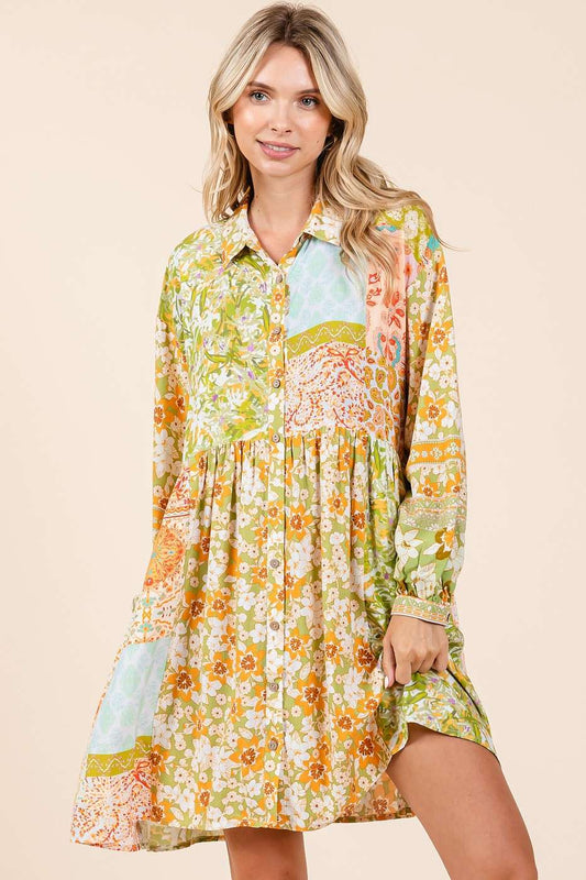 MIXED PATCHWORK PRINT BABYDOLL MINI SHIRT DRESS - Green Tea