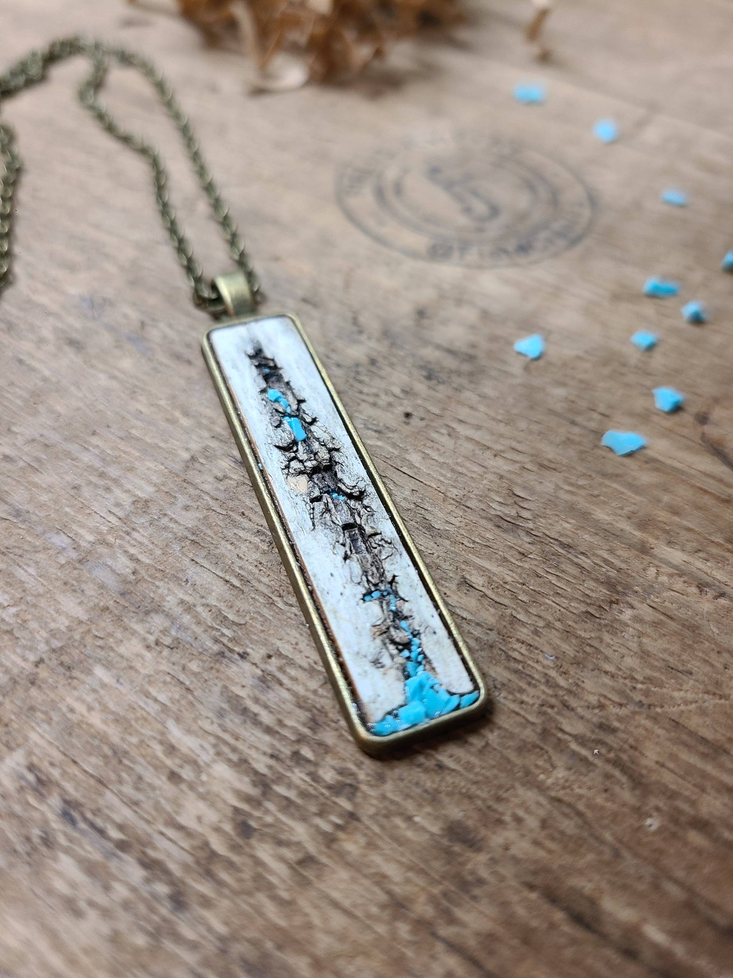Natural Wood Birch Bark Turquoise Necklace